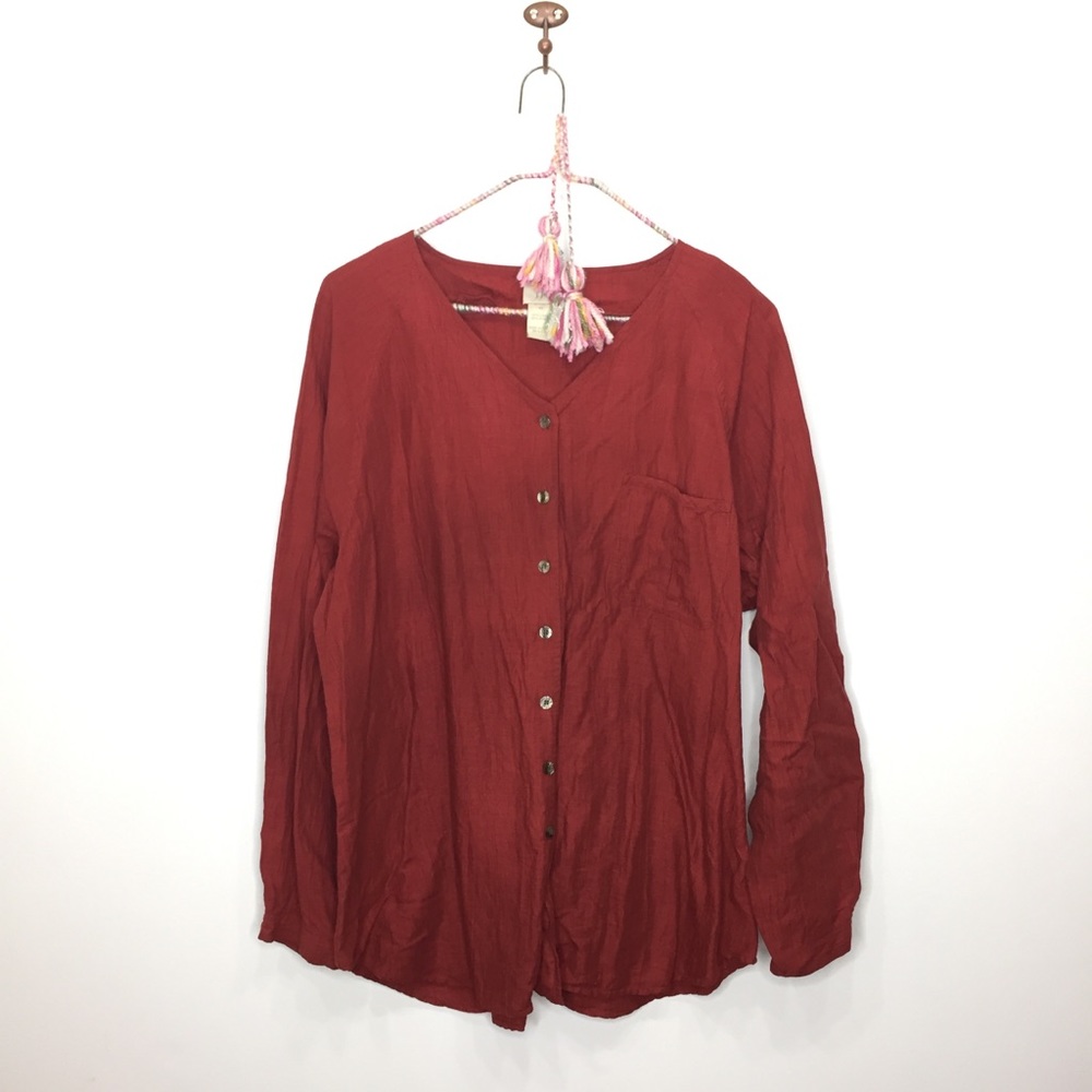 J. Jill Red Burgundy Linen Blend Button Front Blouse Long Sleeve Collarless Med